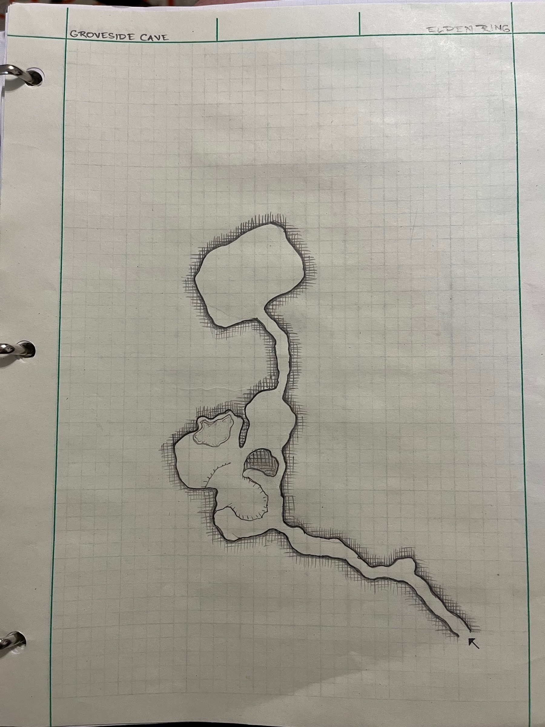 A hand-drawn map of Groveside Cave.