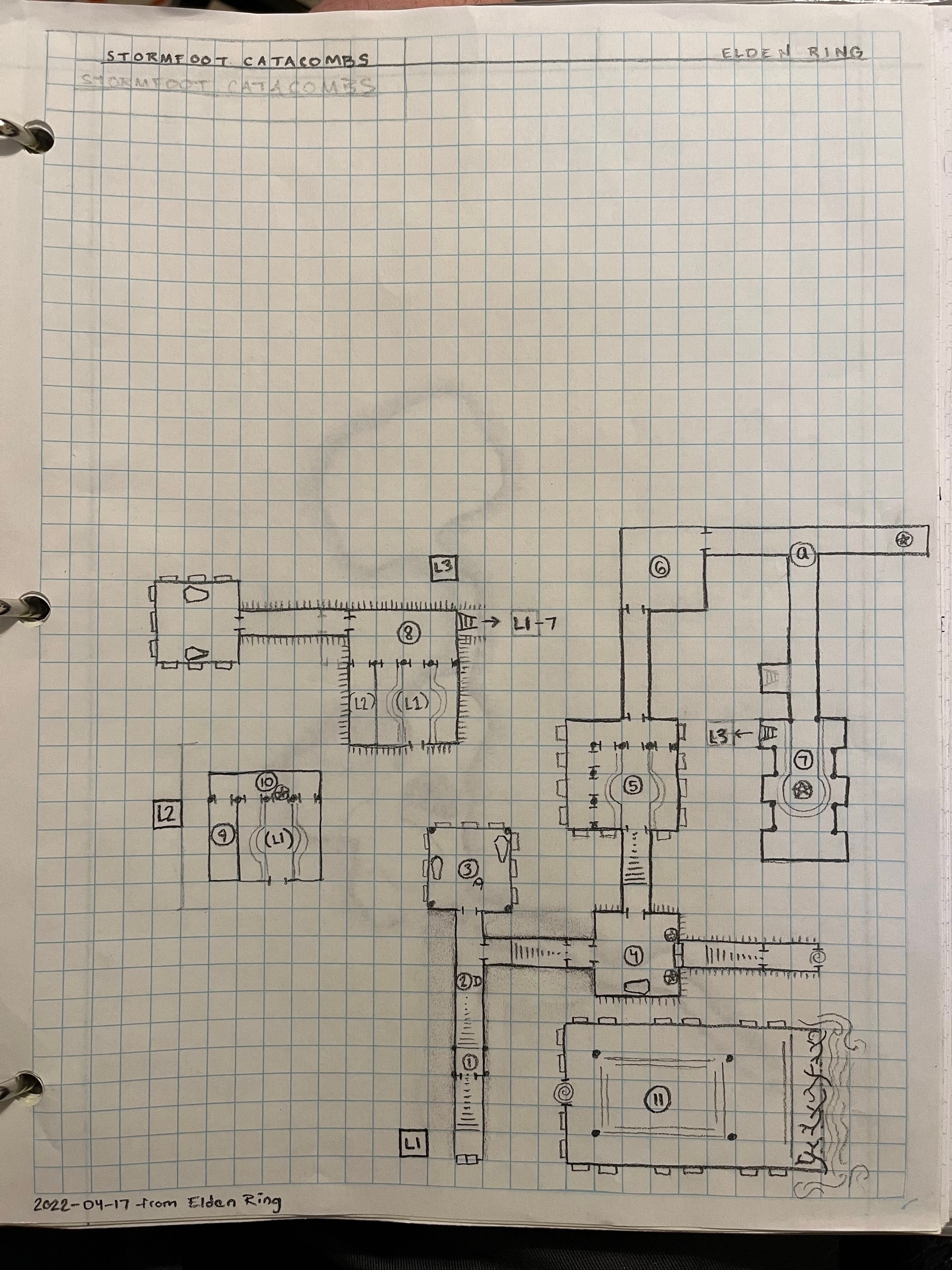 A hand-drawn map of Stormfoot Catacombs
